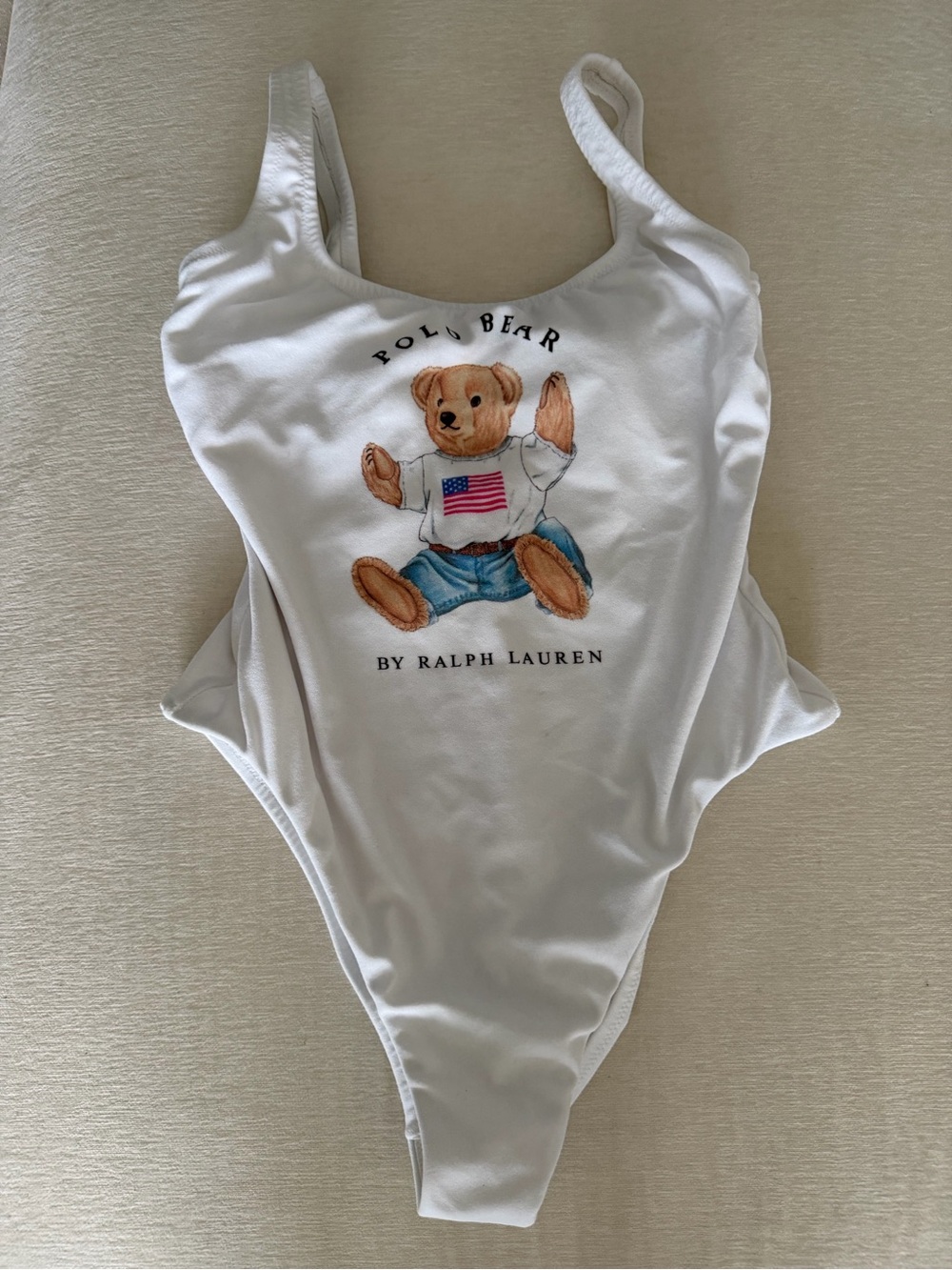 Ralph Lauren White Polo Bear Graphic One-Piece